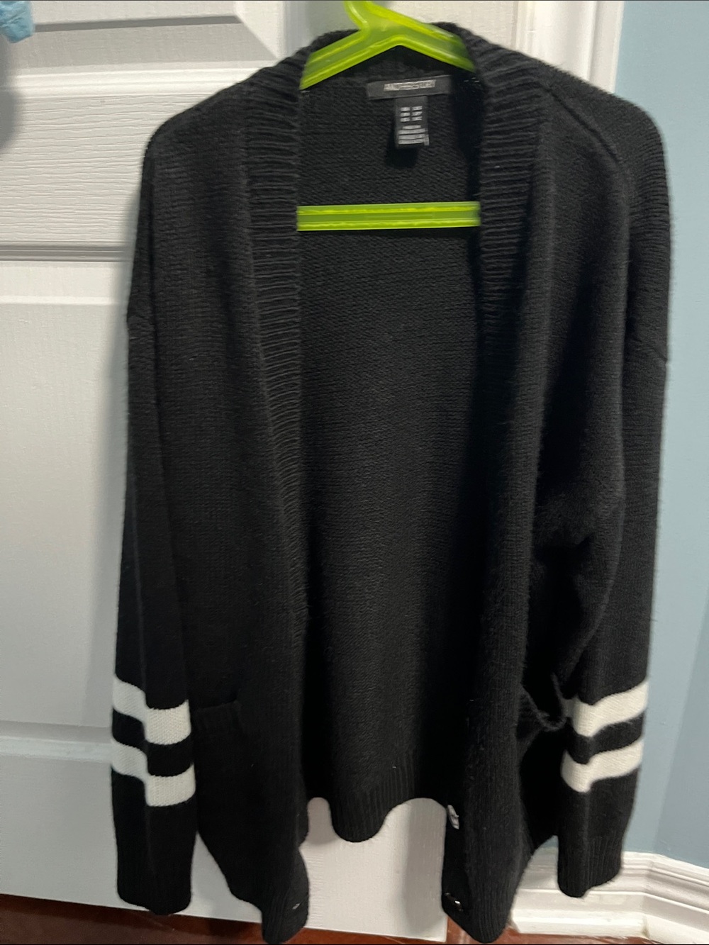 Black Open Front Cardigan with White Sleeve Stripes